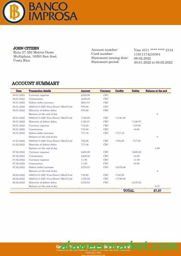 Costa Rica Banco Improsa bank statement